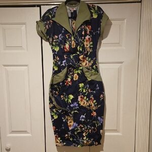 Vintage-Inspired Miss Candyfloss Navy Floral Dress with Olive Trim